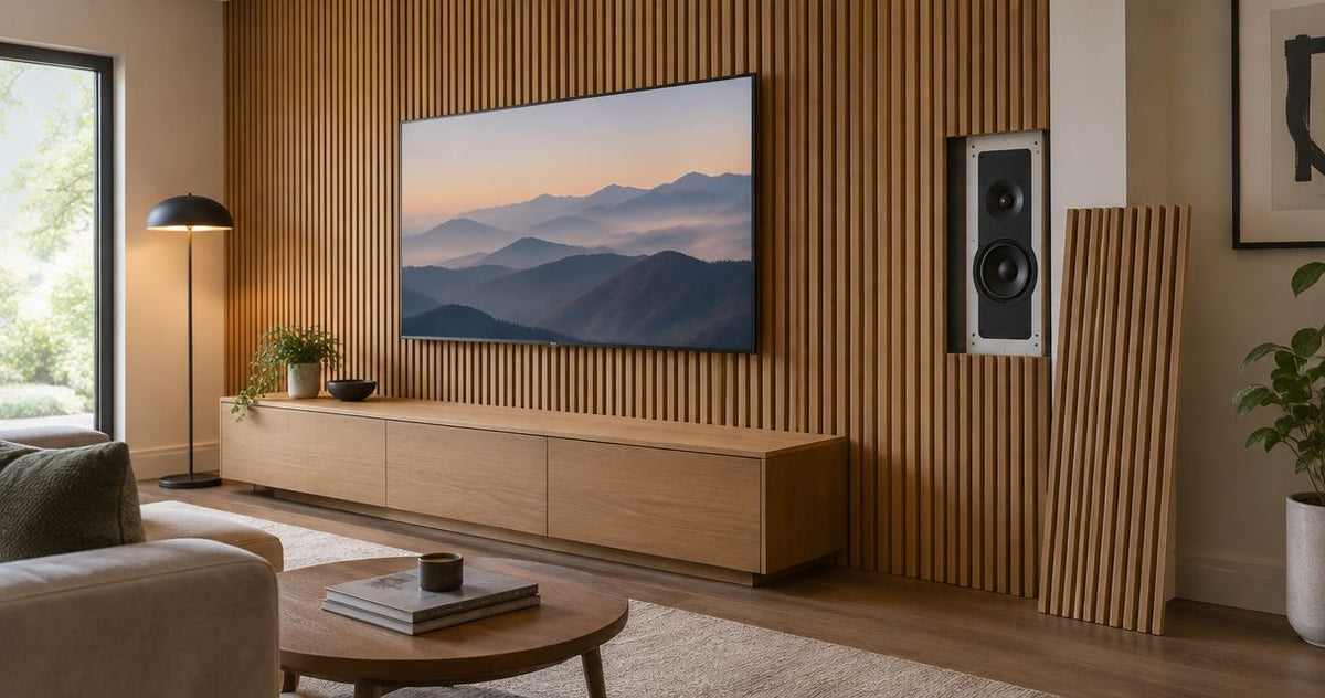 How to hide in-wall speakers behind acoustic wood slat panels