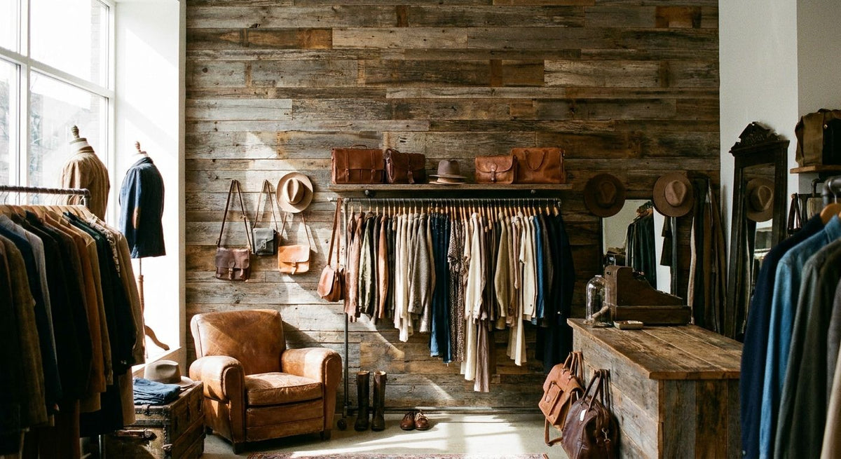 Reclaimed wood wall panels for vintage clothing boutiques
