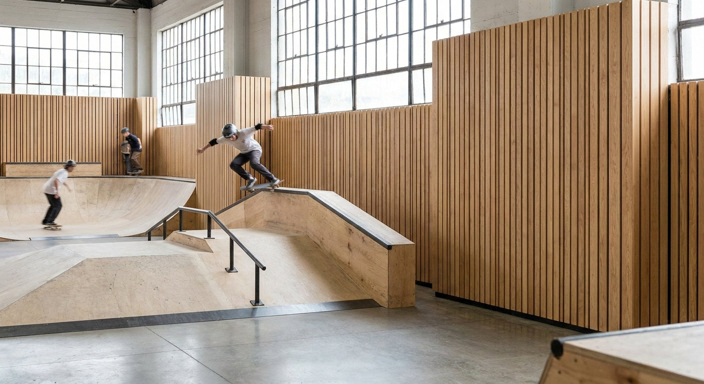 Wood slat panels for indoor skatepark walls