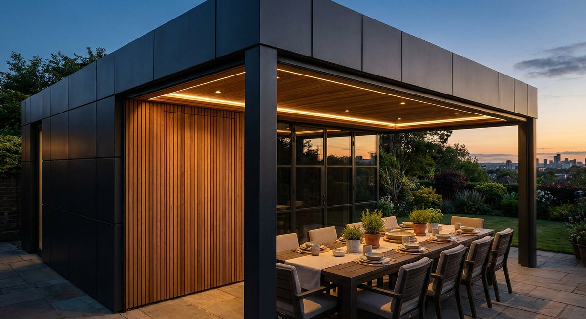 Exterior cladding panels for covered outdoor dining areas