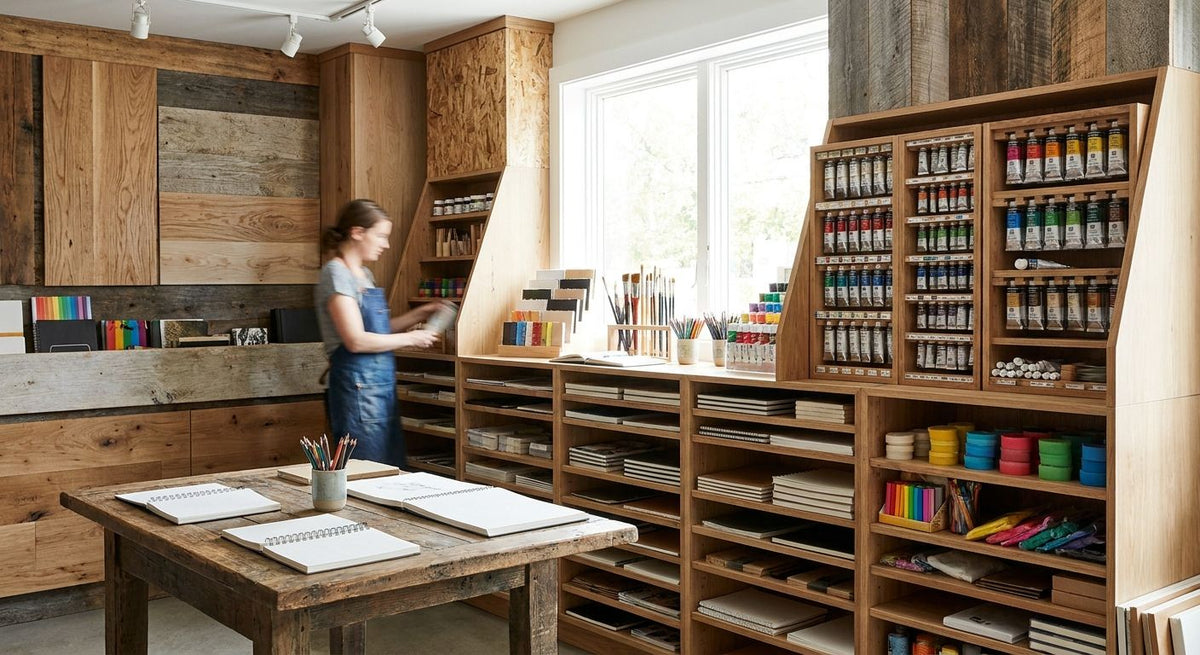 Wood panels for boutique art supply and craft store interiors