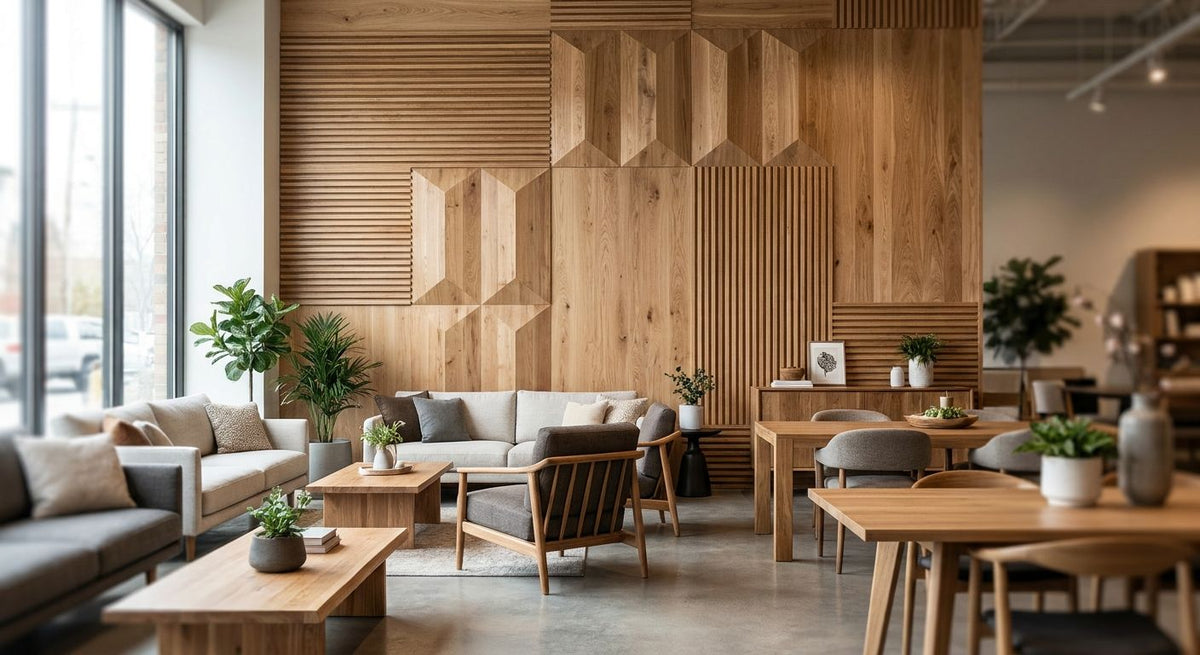 Wood panels for modern furniture showroom feature walls