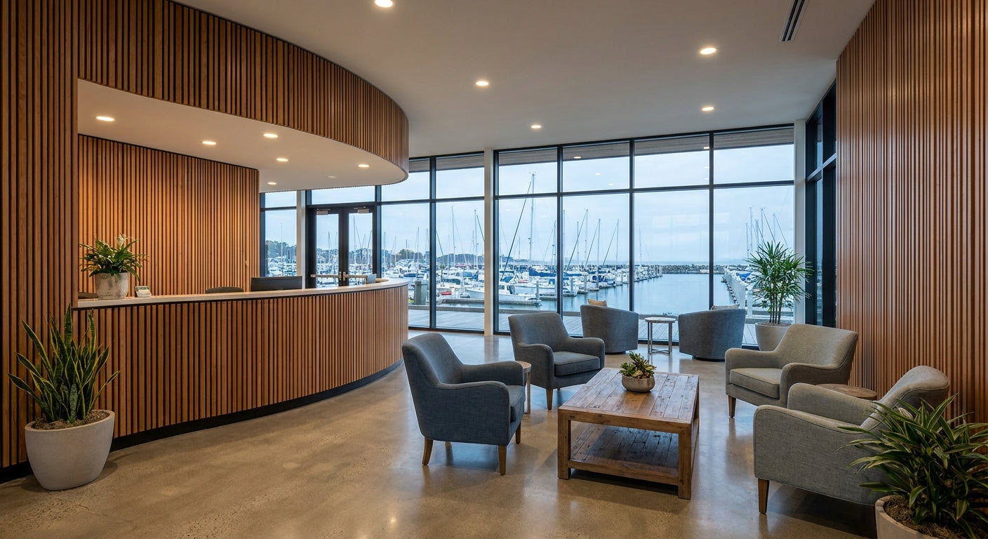 Wood slat panels for boat club and marina interior walls