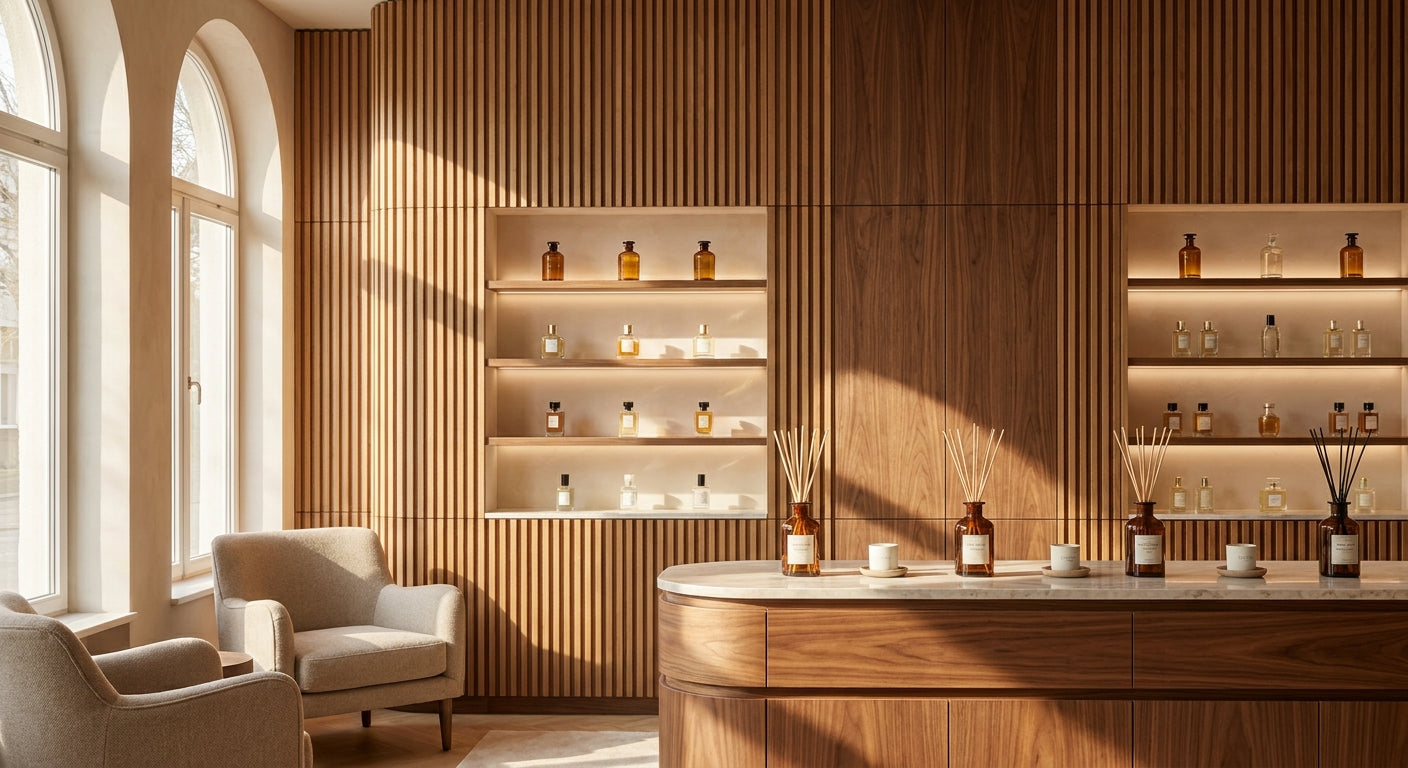 Wood wall panels for boutique perfumery and fragrance bar interiors