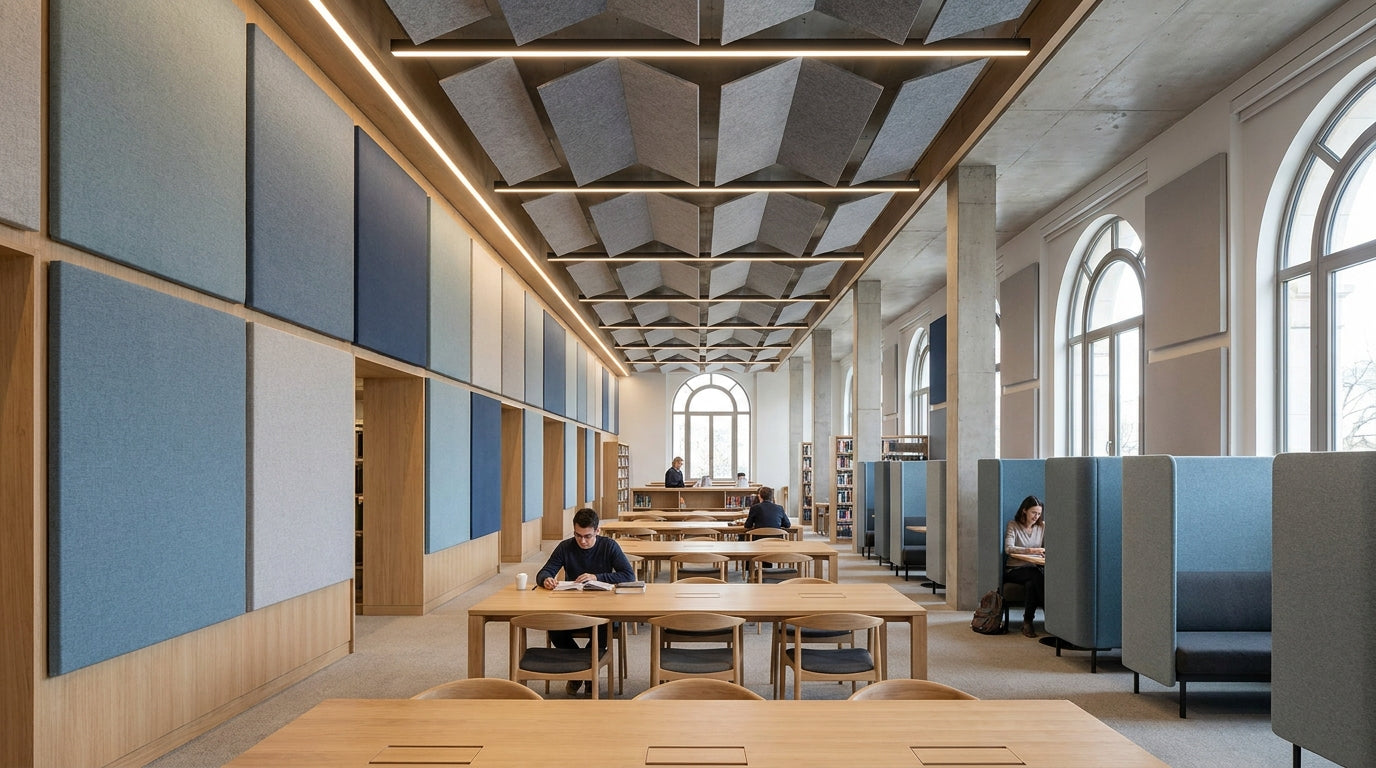 Acoustic panels for reducing noise in library spaces