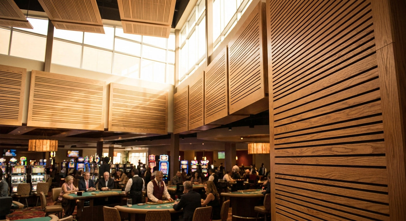 Acoustic wood panels for casino gaming floor interiors