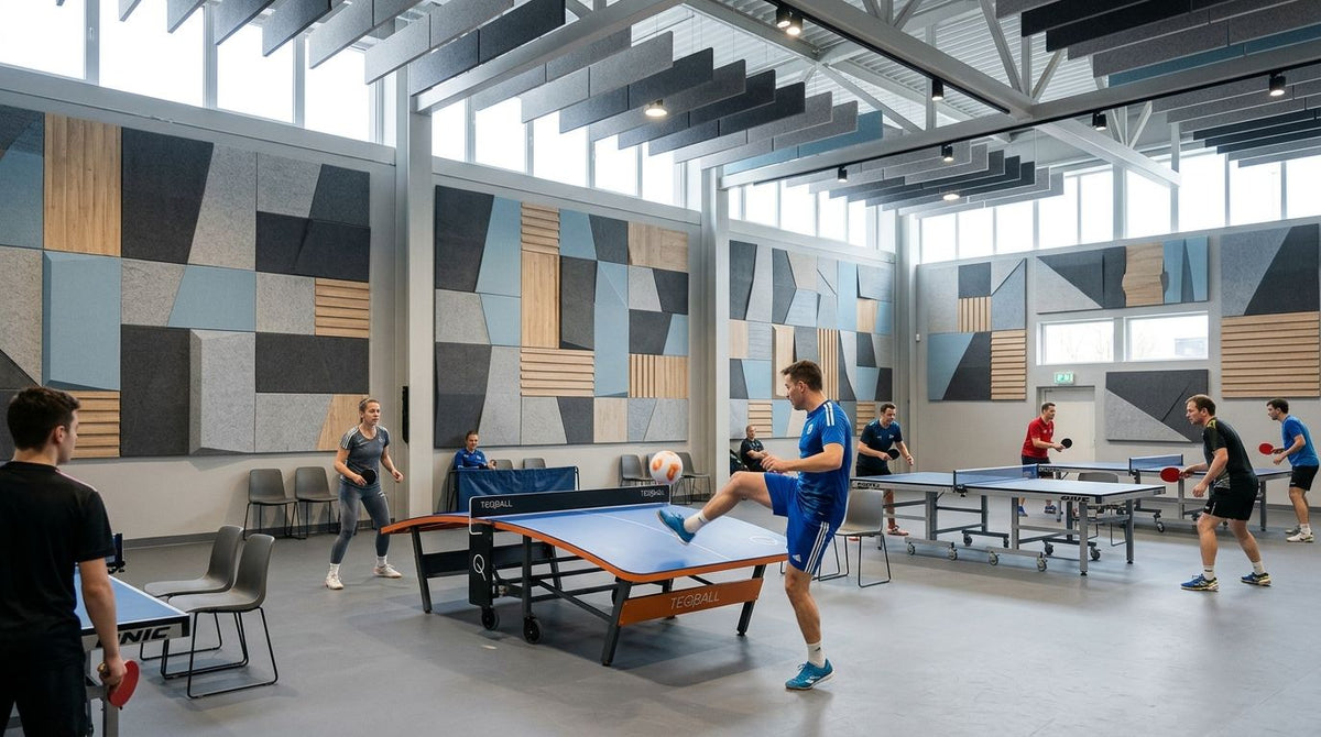 Acoustic panels for indoor teqball and table tennis clubs