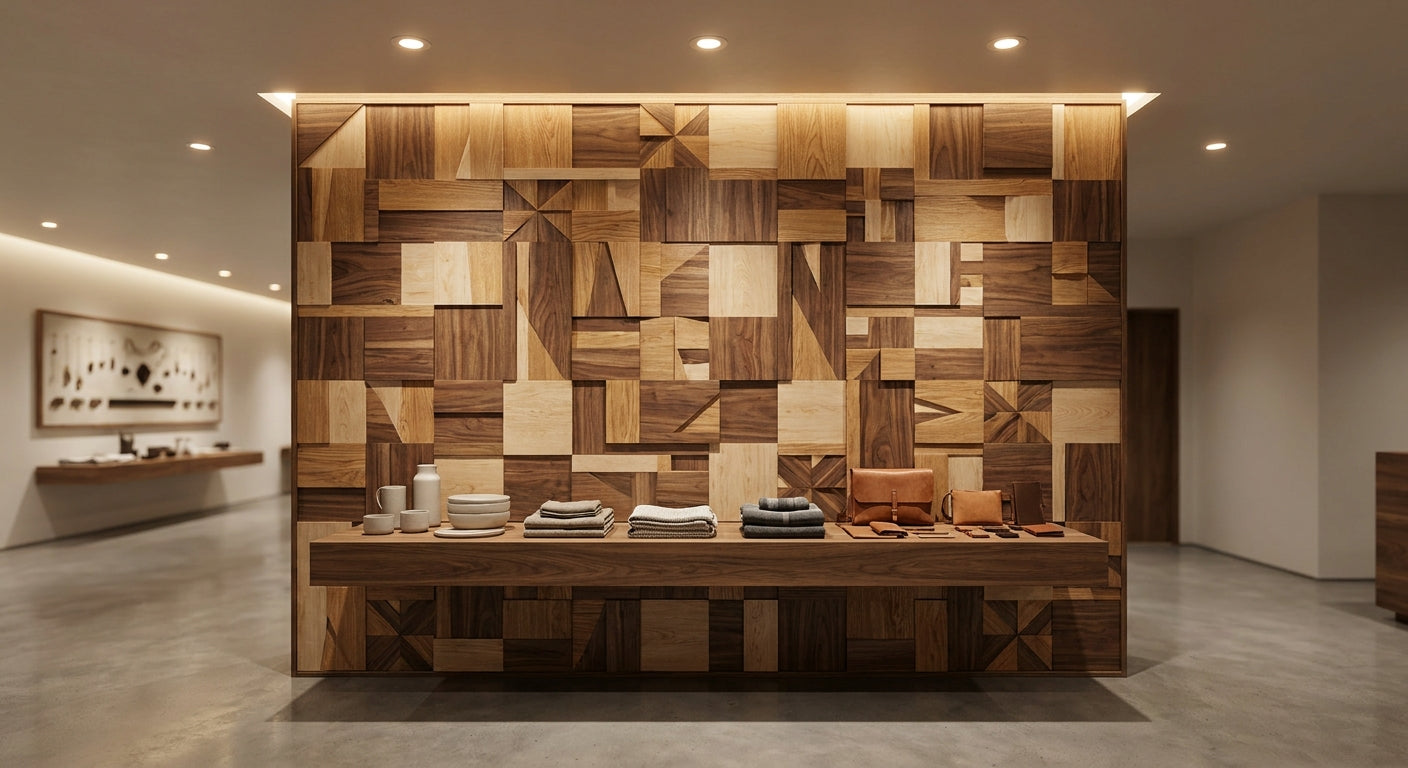 Wood mosaic panels for retail store feature displays