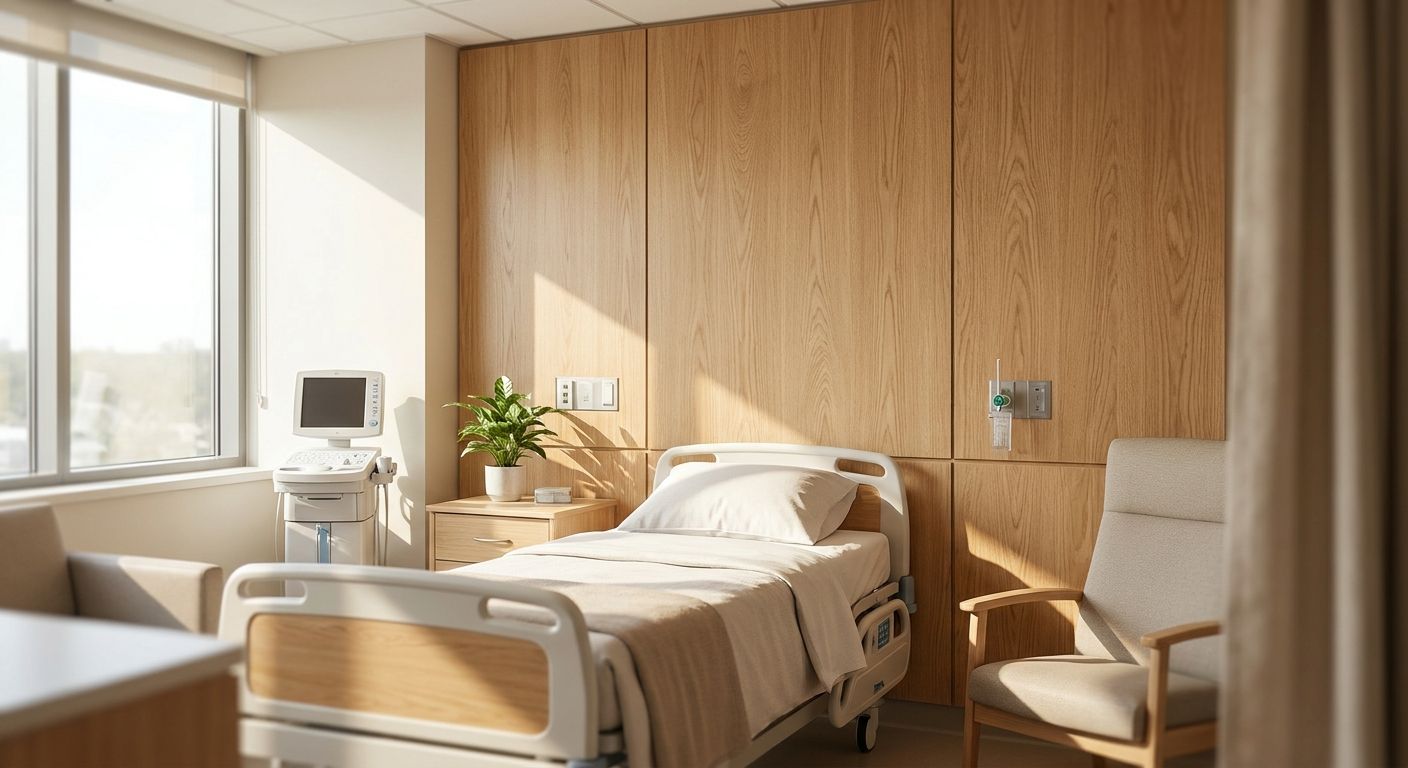 Wood panels for hospital patient room interiors