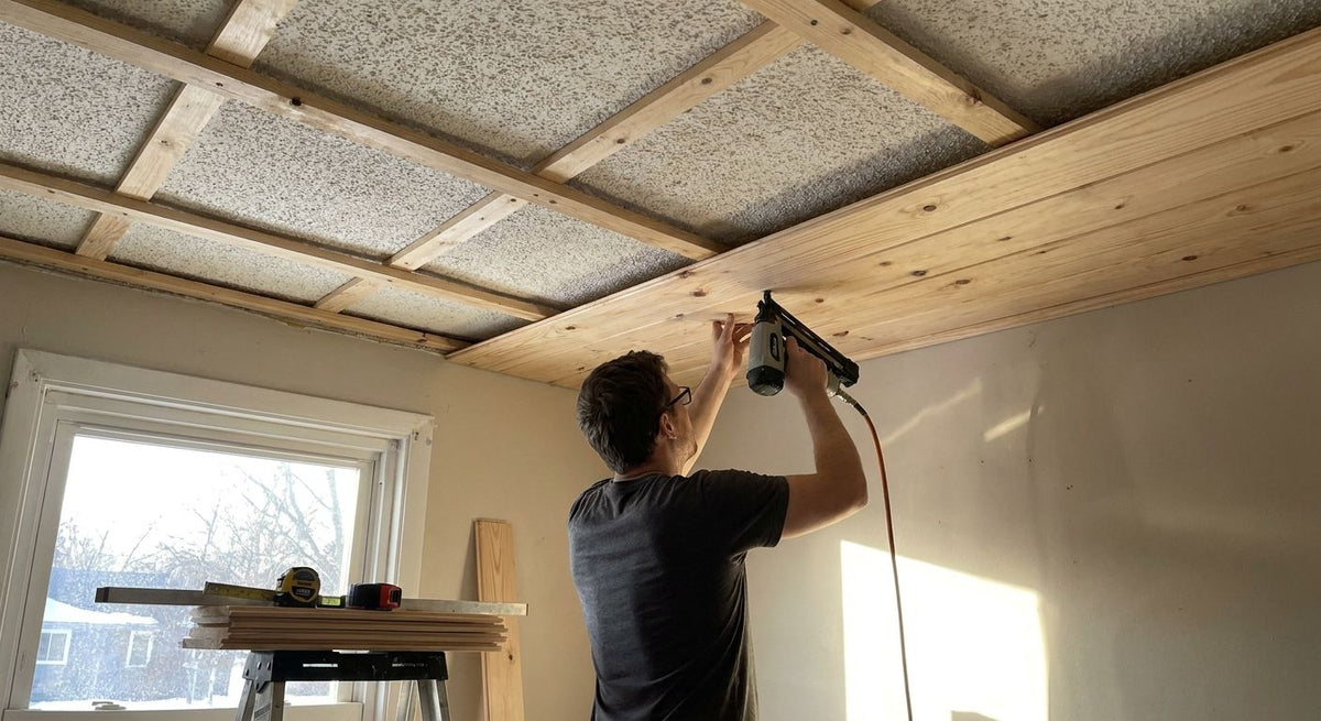 How to install wood panels over a popcorn ceiling