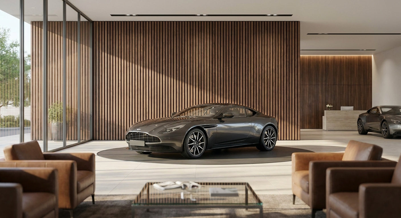 Wood slat panels for luxury car showroom interiors