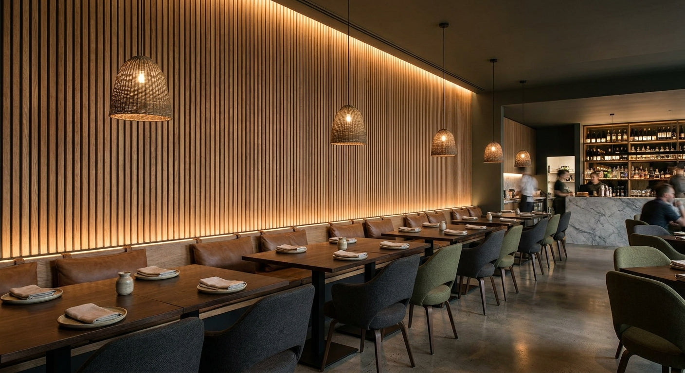 Wood slat panels for restaurant and hospitality fit-outs