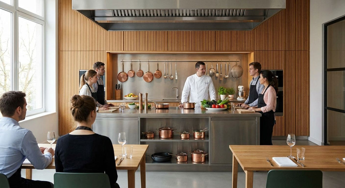 Wood slat panels for cooking school and culinary studios
