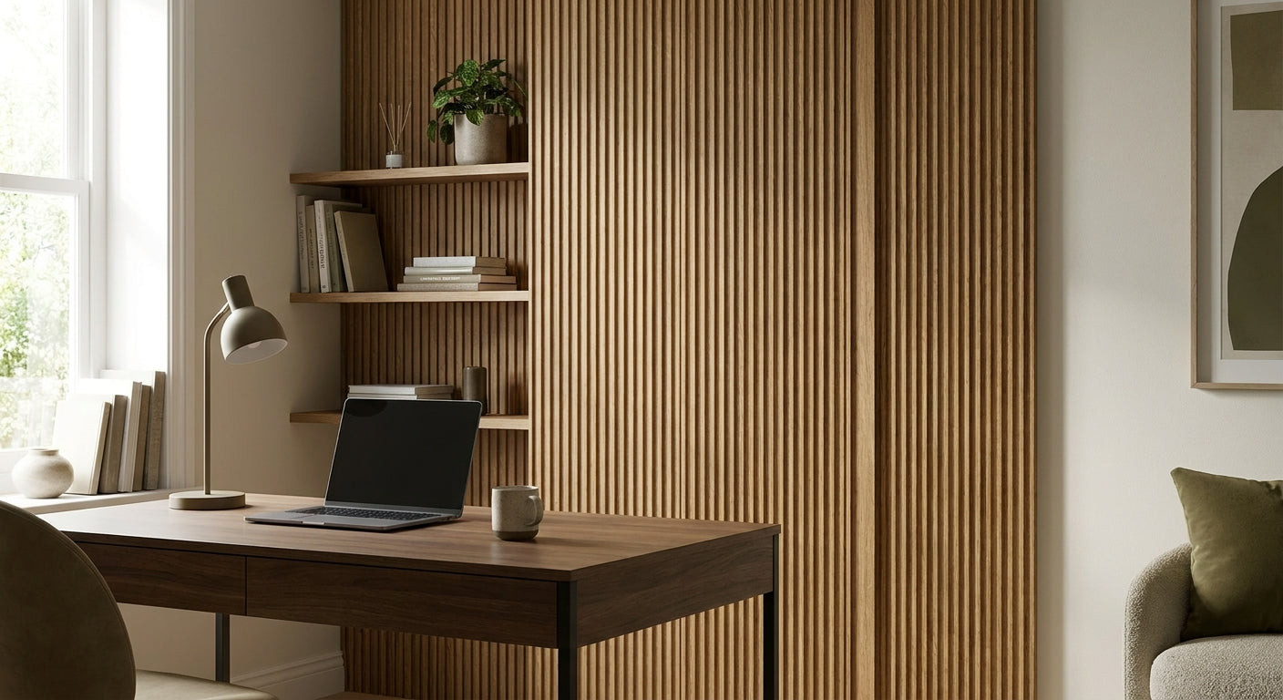 Fluted panels for home office feature wall design