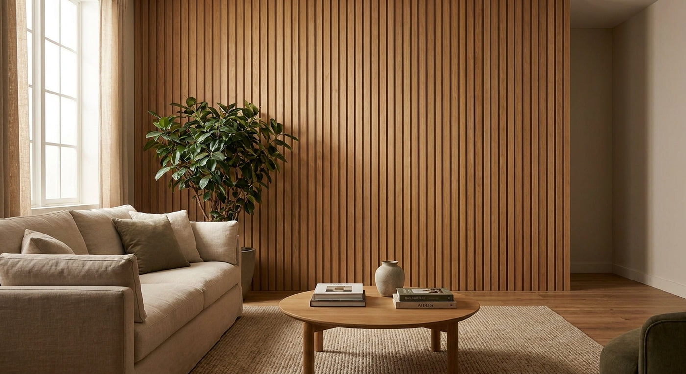 Natural oak slat panels for living room accent walls