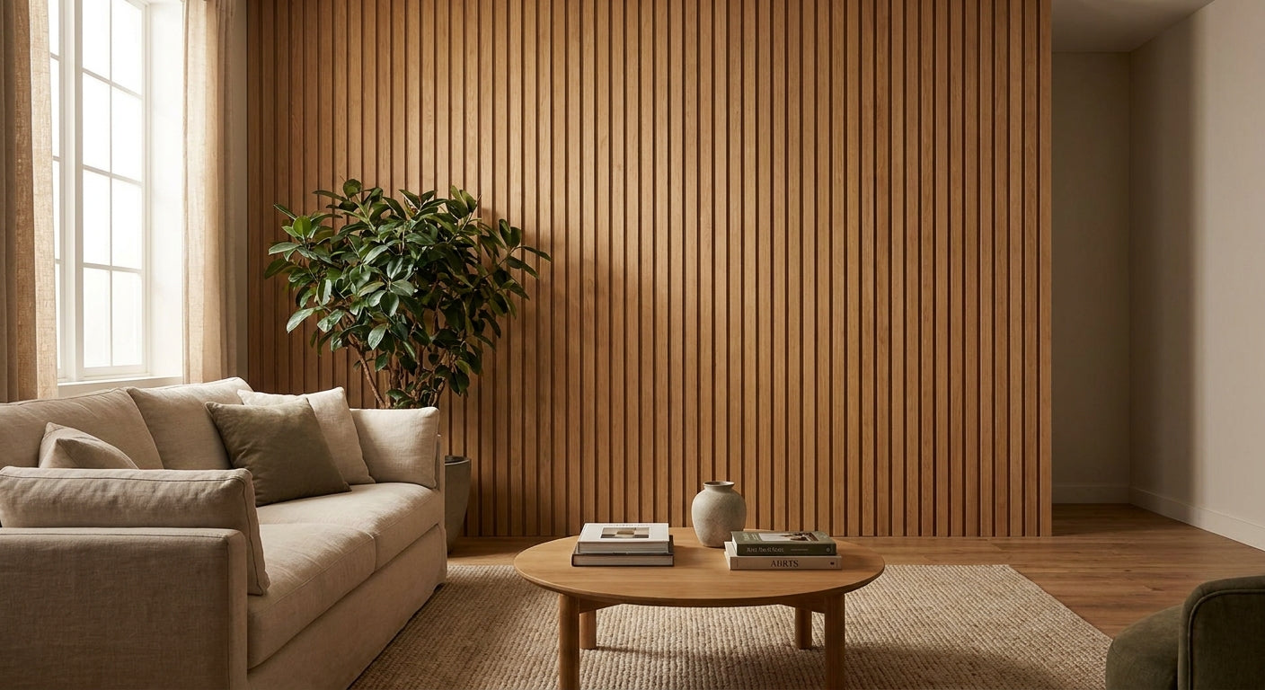 Natural oak slat panels for living room accent walls