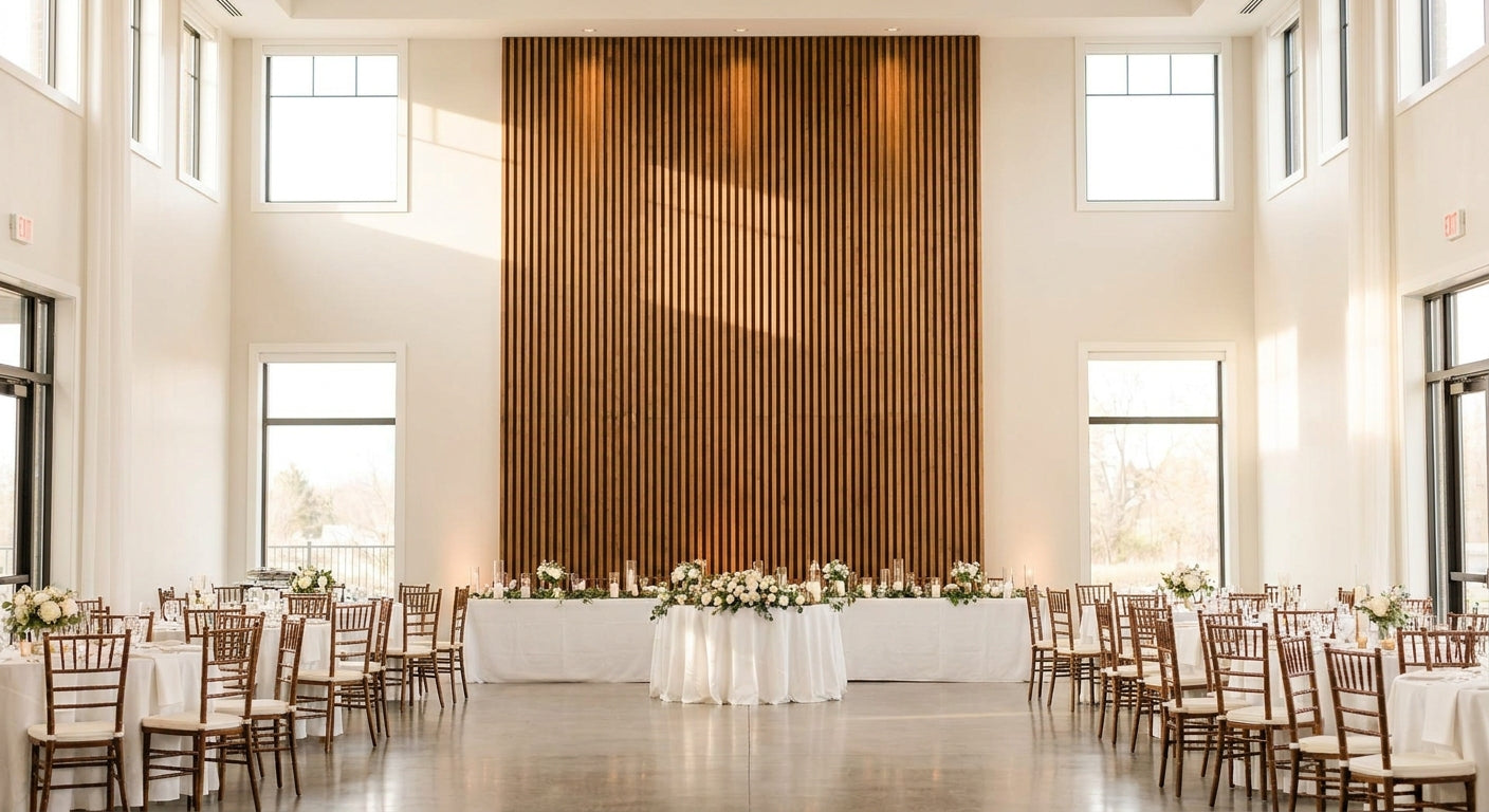 Wood slat panels for wedding venue and banquet hall interiors