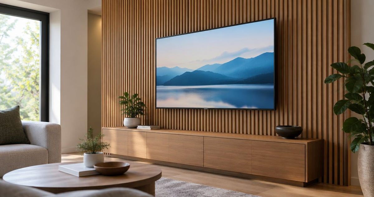 How to hide a TV mount bracket behind a wood slat accent wall
