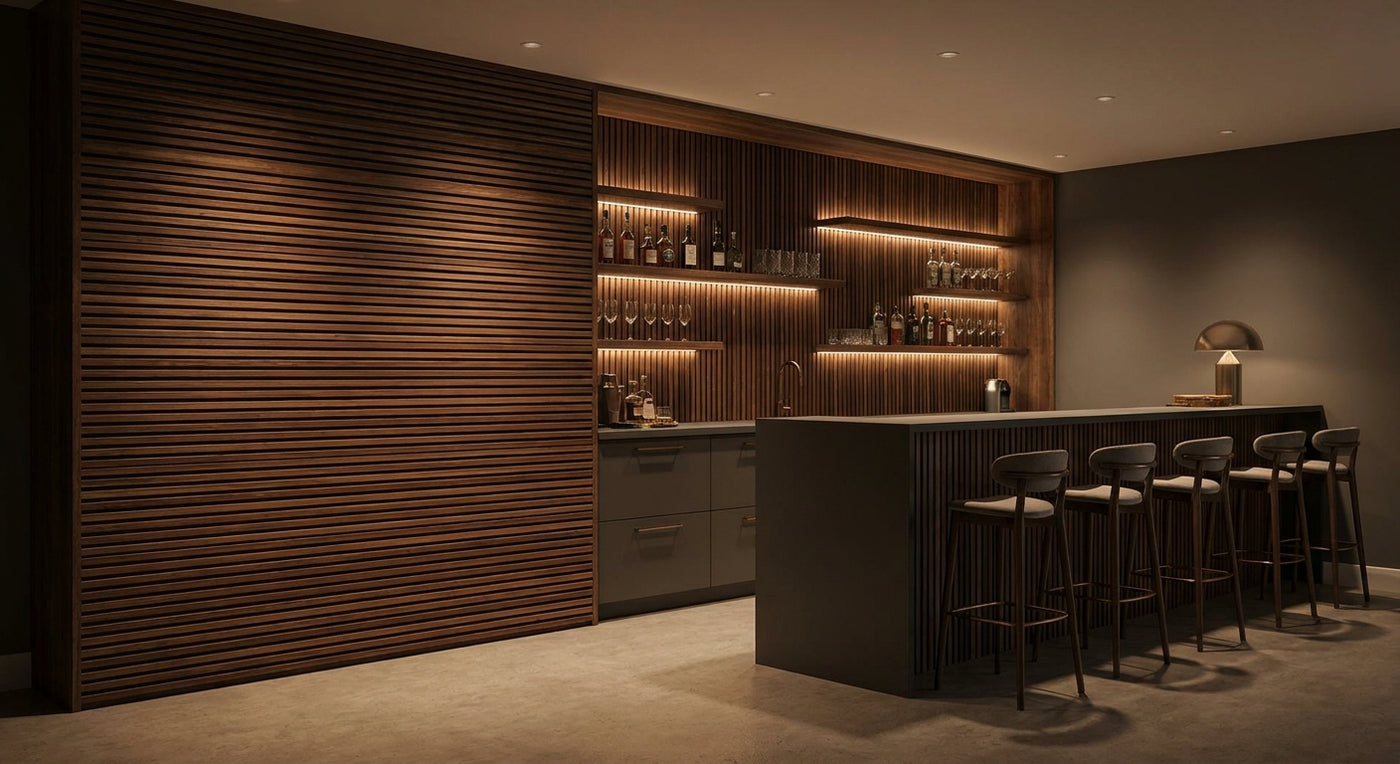 Wood slat wall panels for basement bar feature walls
