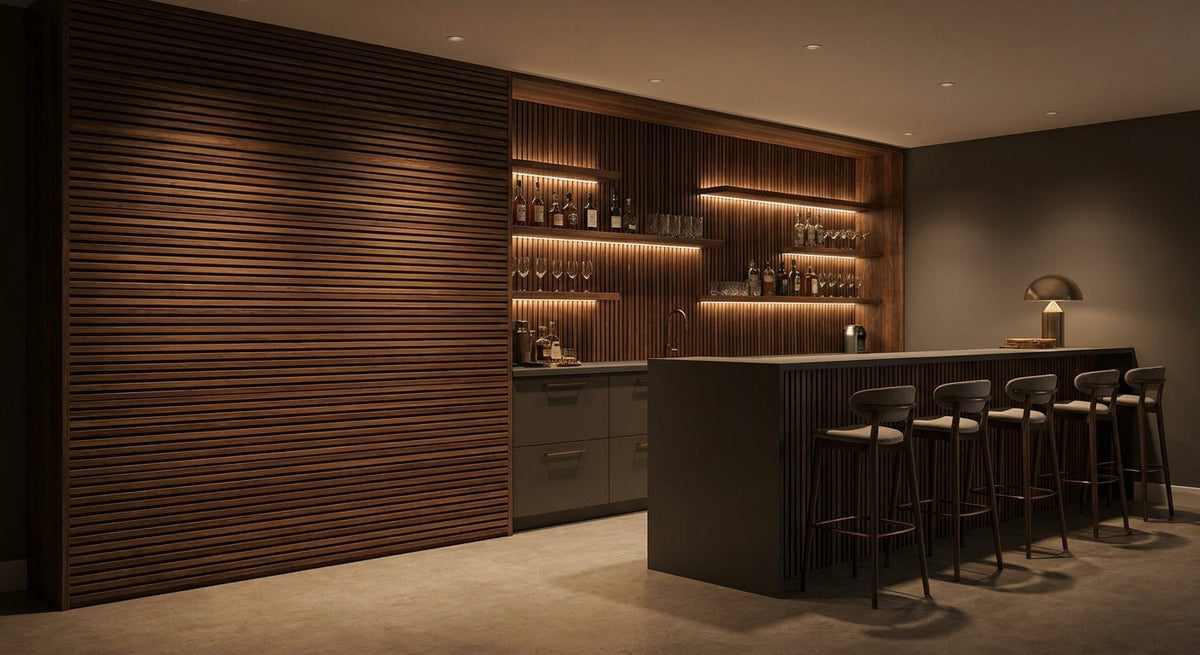 Wood slat wall panels for basement bar feature walls