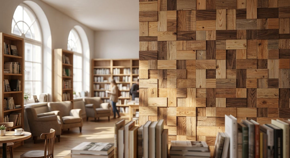 Wood mosaic panels for bookstore feature walls