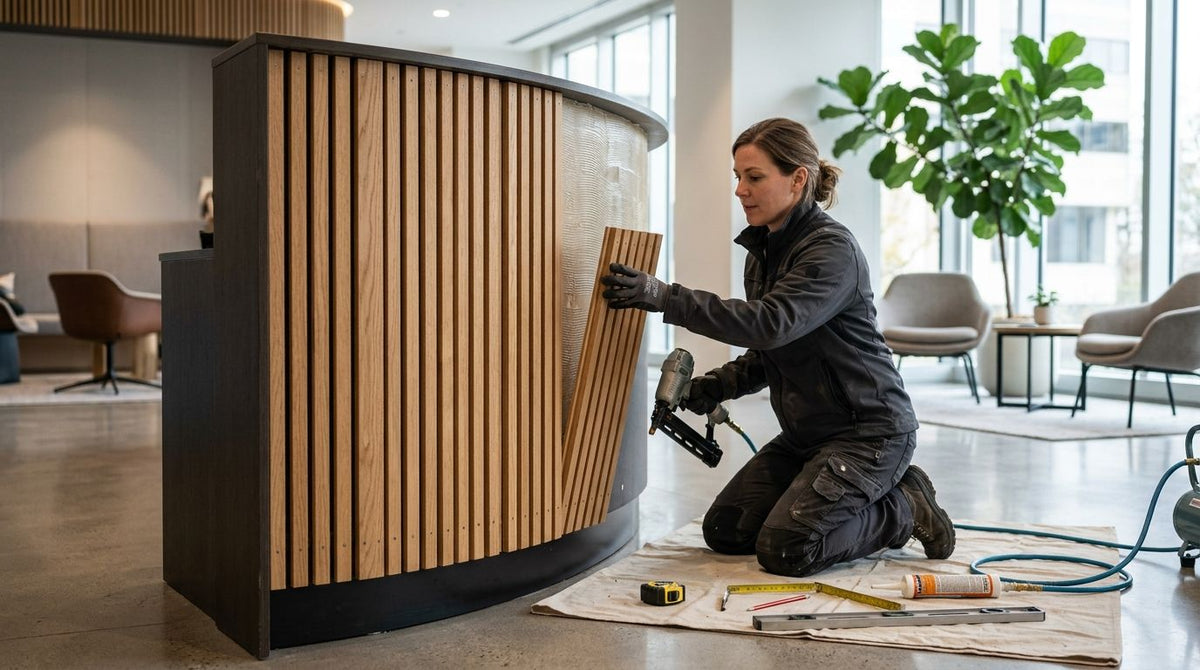 How to install wood slat panels on a curved reception desk