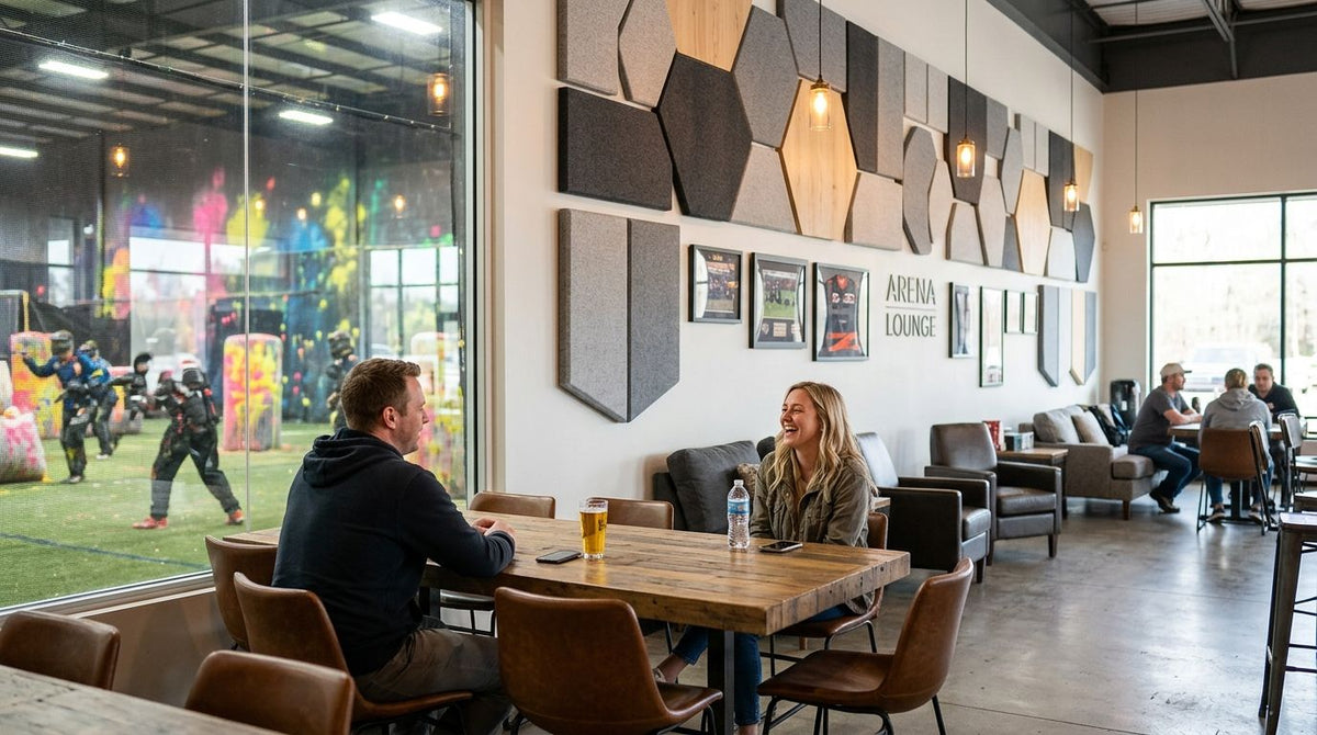 Acoustic panels for indoor paintball arena lounges