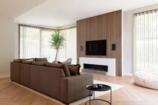 living room with slat wall panels