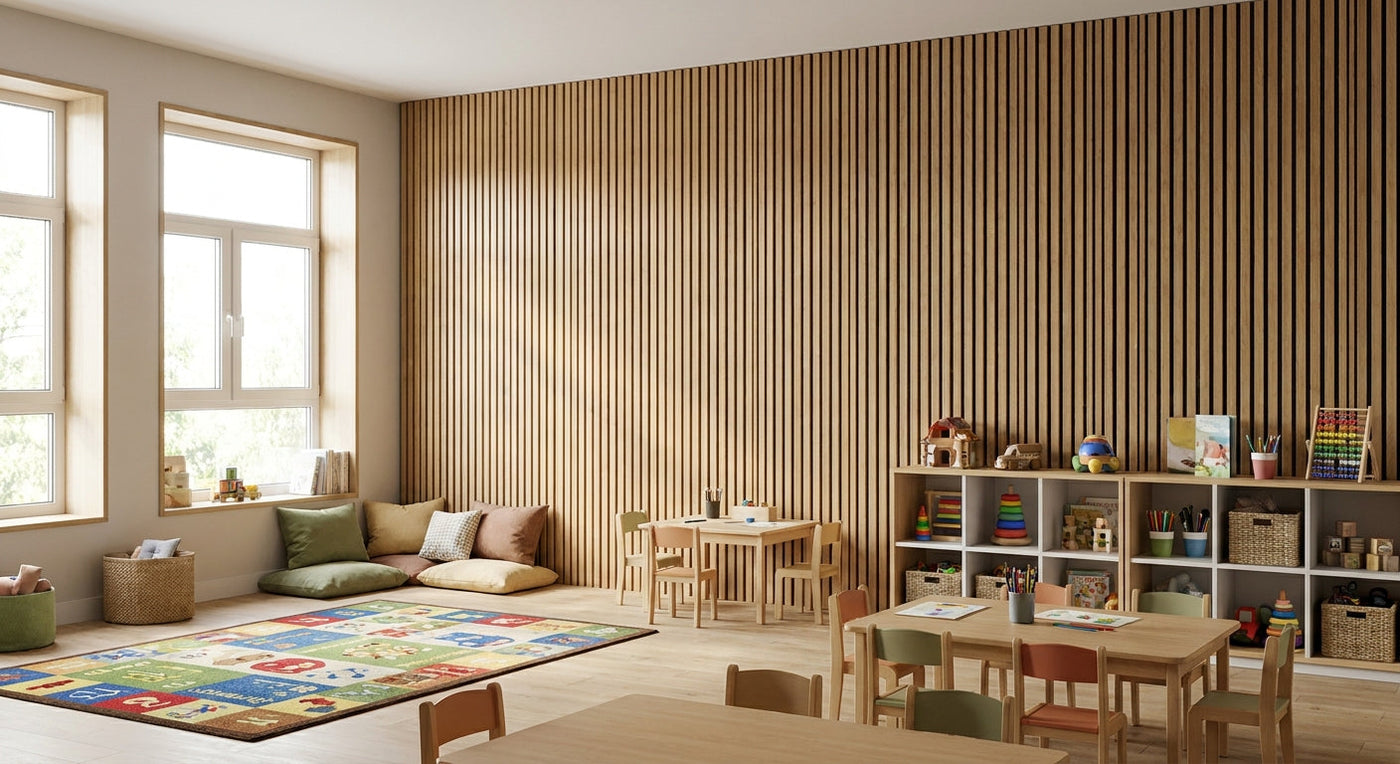 Acoustic slat wall panels for kindergarten classrooms