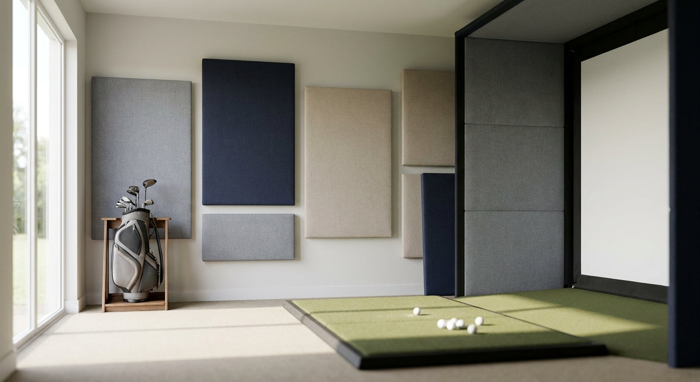 Acoustic panels for indoor golf simulator rooms