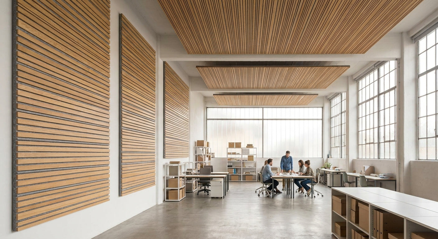 Acoustic wood panels for reducing noise in open warehouses