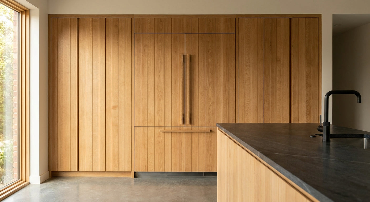 Natural oak panels for kitchen cabinet surround cladding