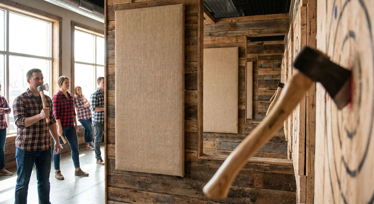 Acoustic panels for indoor axe throwing venues