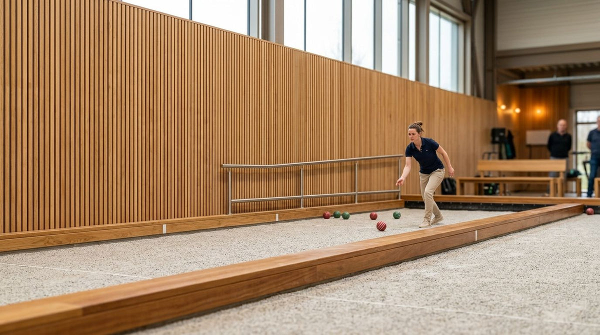 Wood slat panels for indoor petanque and bocce courts