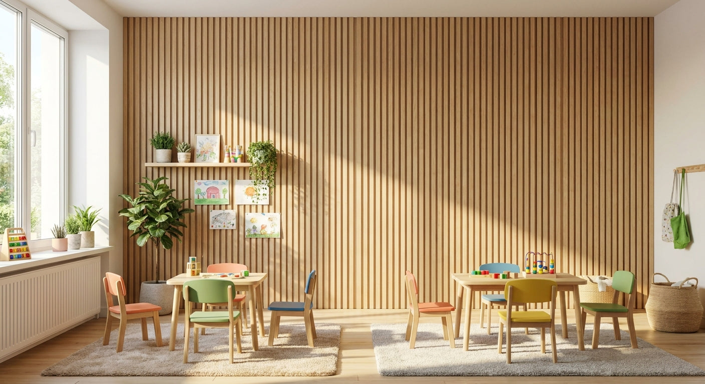 Natural oak slat panels for kindergarten classroom walls
