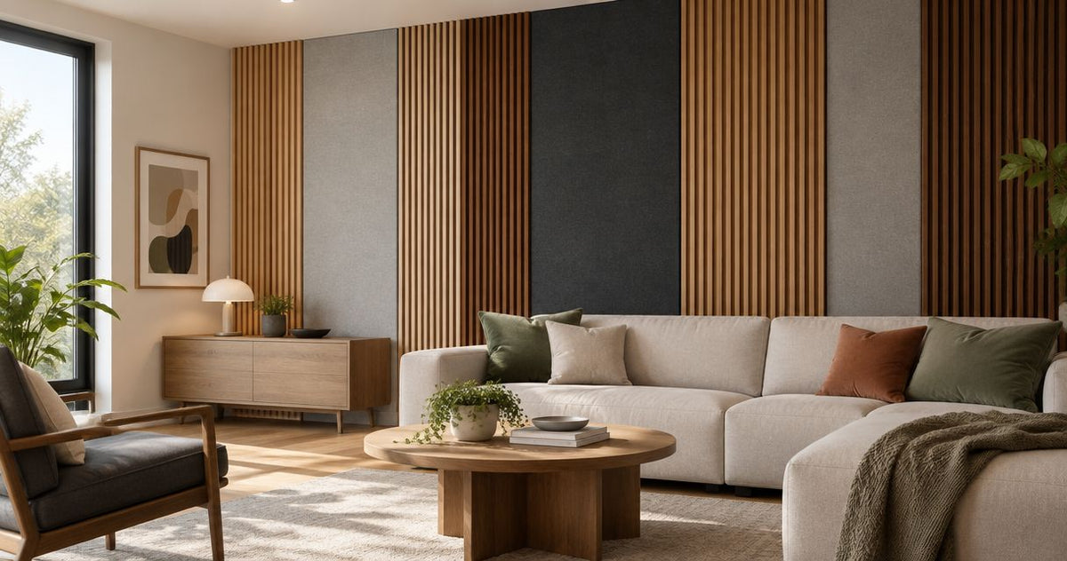 Can acoustic panels be mixed with different wood finishes in one room?