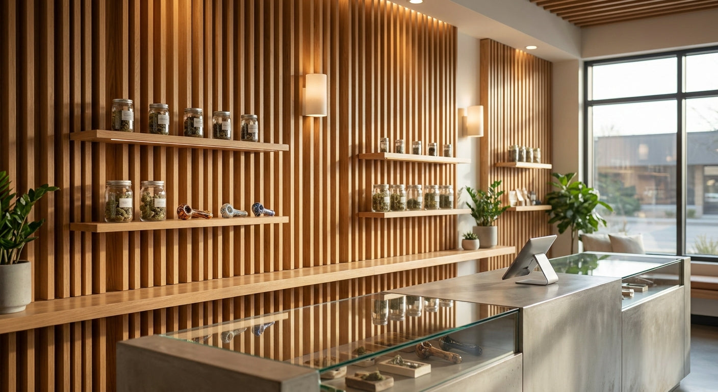 Wood slat panels for cannabis dispensary interiors