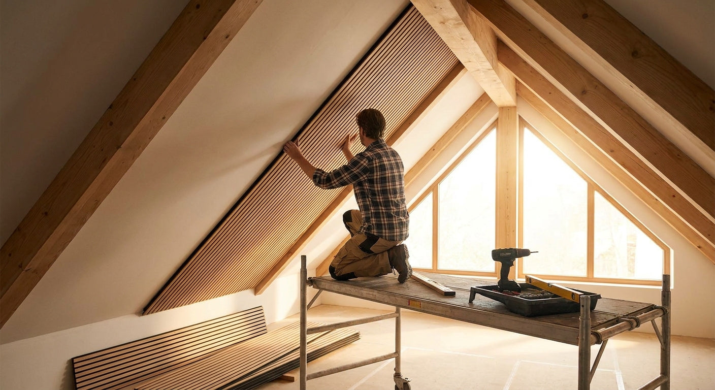 How to install wood slat panels on a sloped ceiling