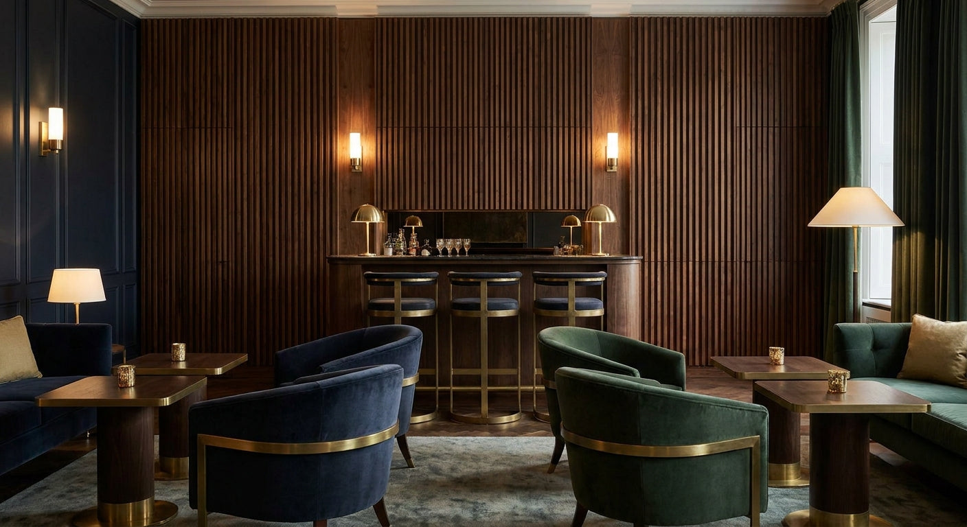 Acoustic slat panels for private members club interiors
