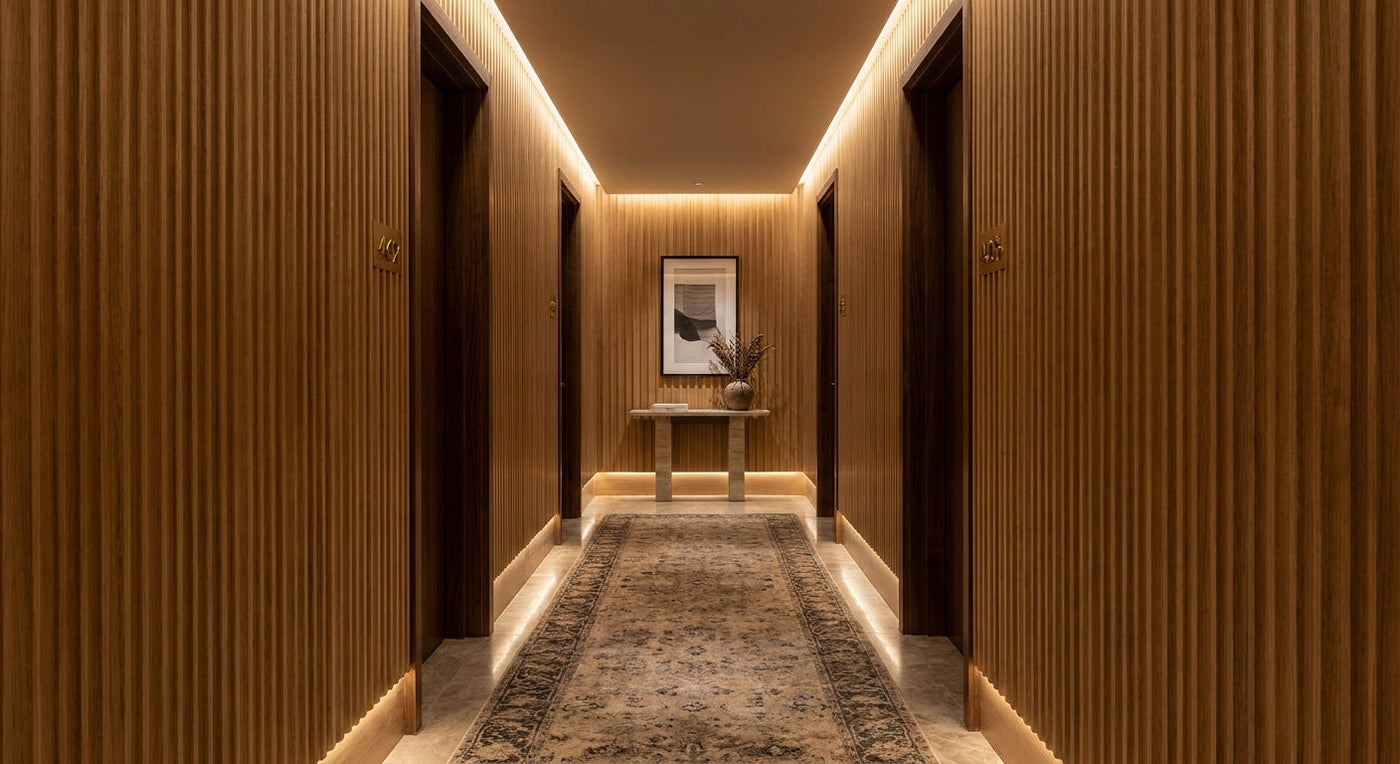 Fluted natural oak panels for hotel corridor walls