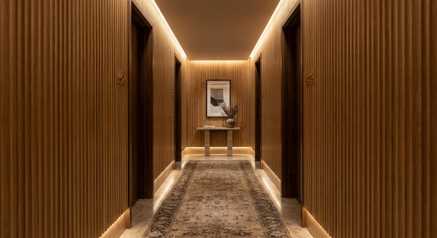 Fluted natural oak panels for hotel corridor walls