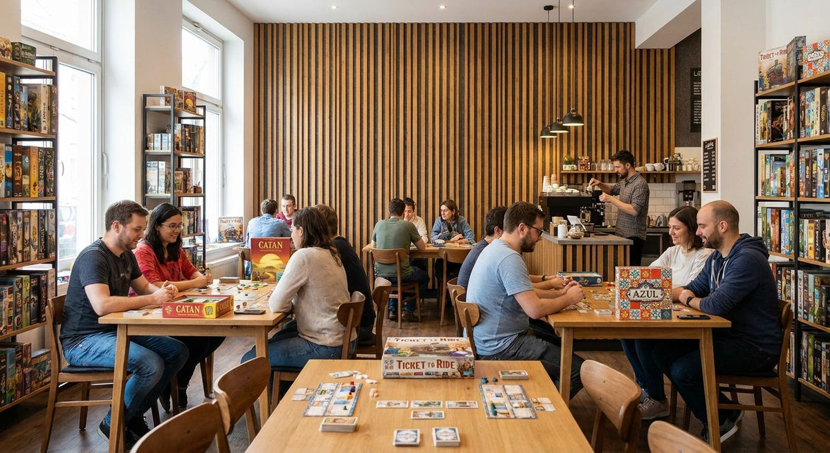 Wood slat panels for board game cafe interiors