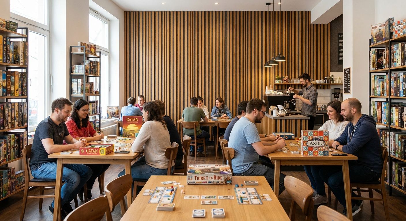 Wood slat panels for board game cafe interiors