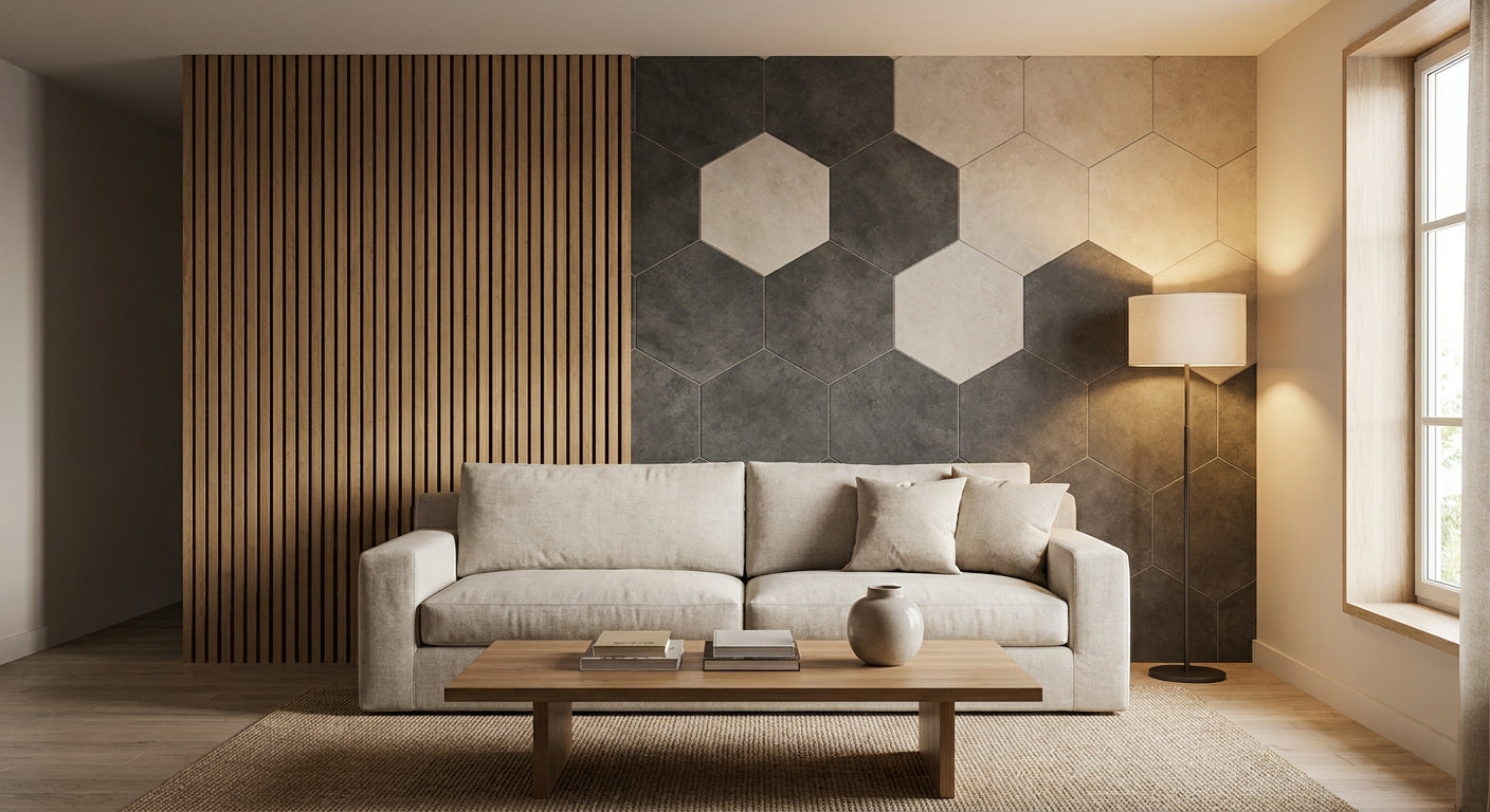 How to mix hexagon and slat panels in one room design