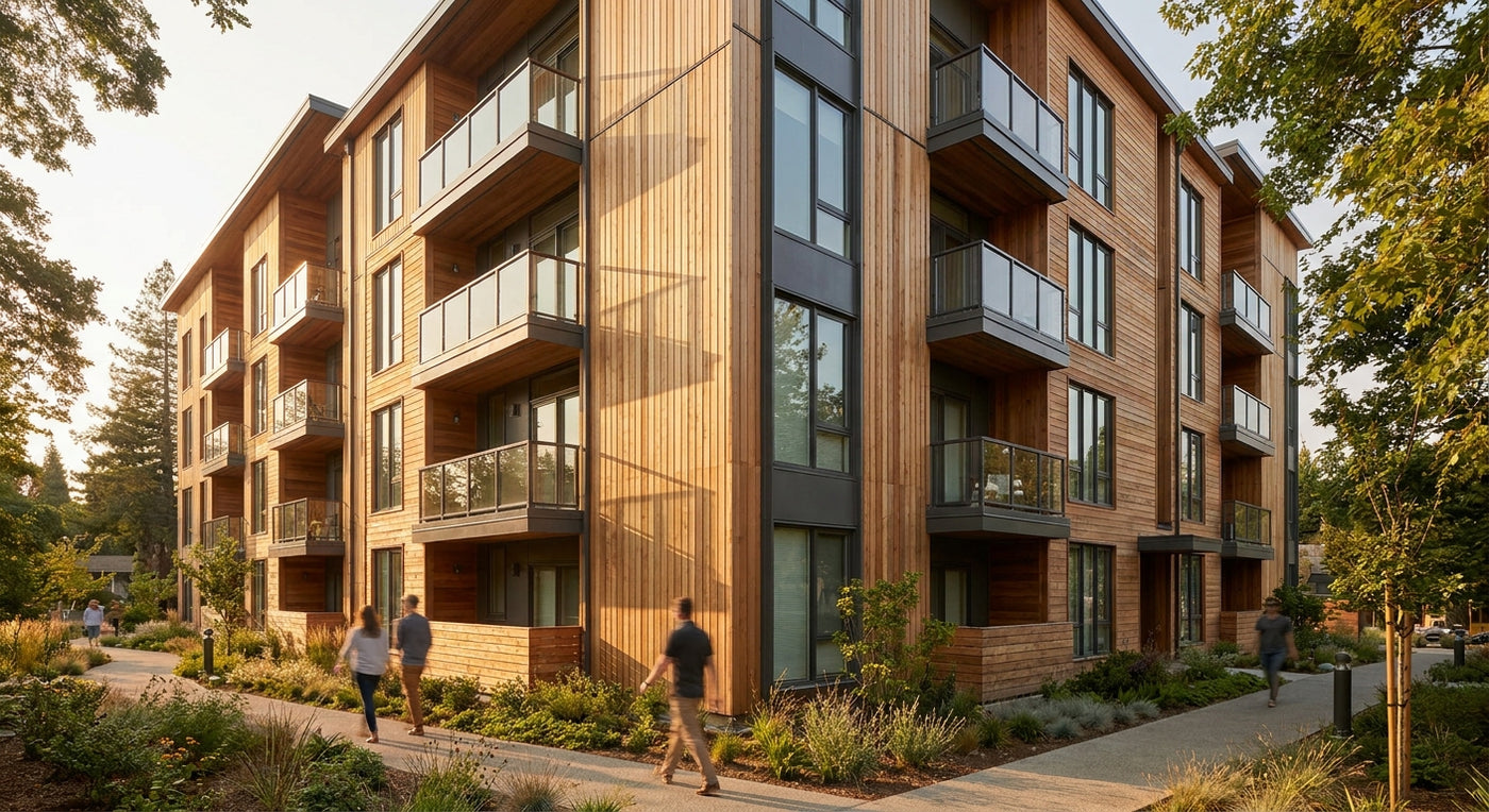 Exterior wood panels for multi-family residential facades