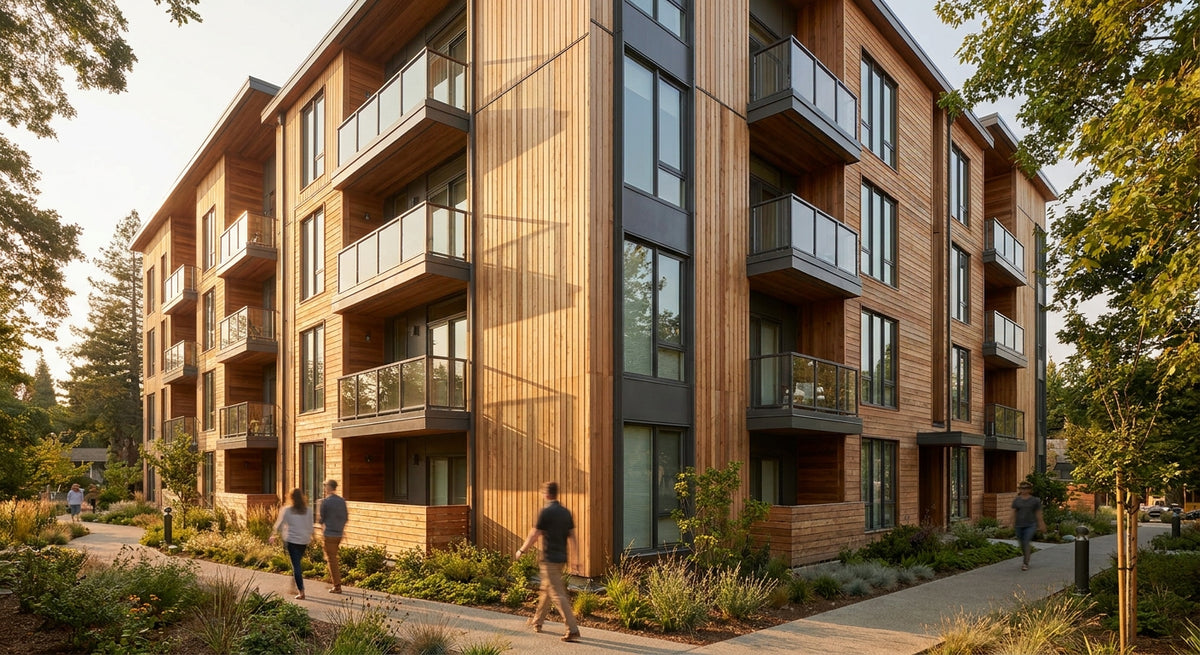 Exterior wood panels for multi-family residential facades