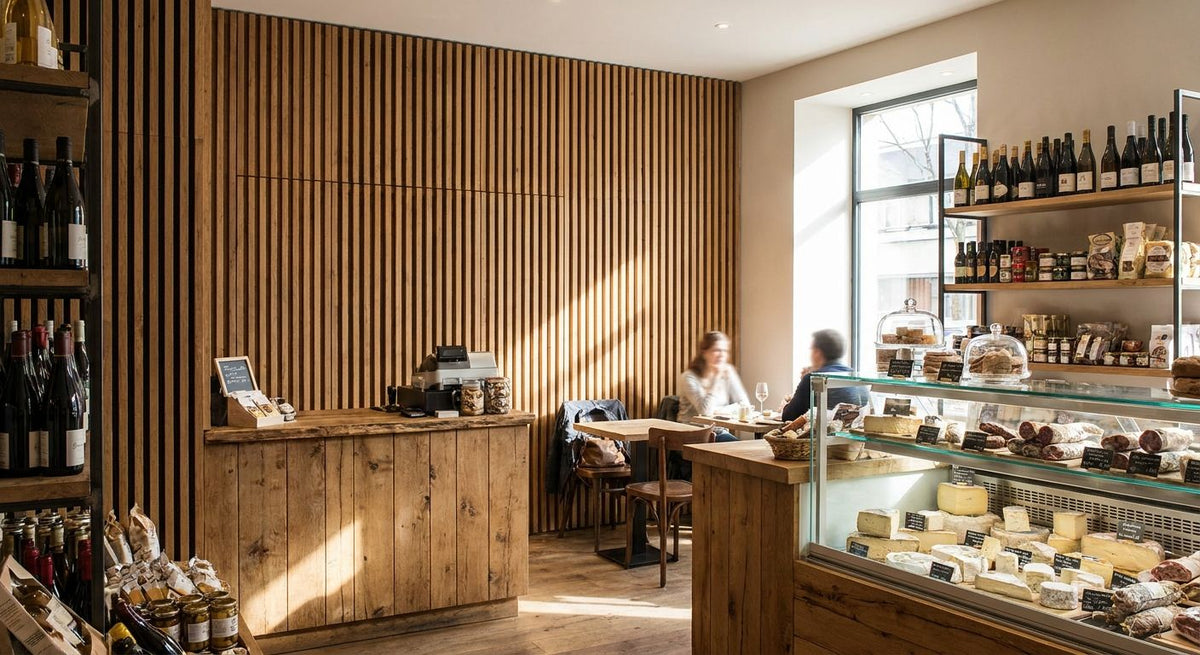 Wood slat panels for boutique cheese and charcuterie shop interiors