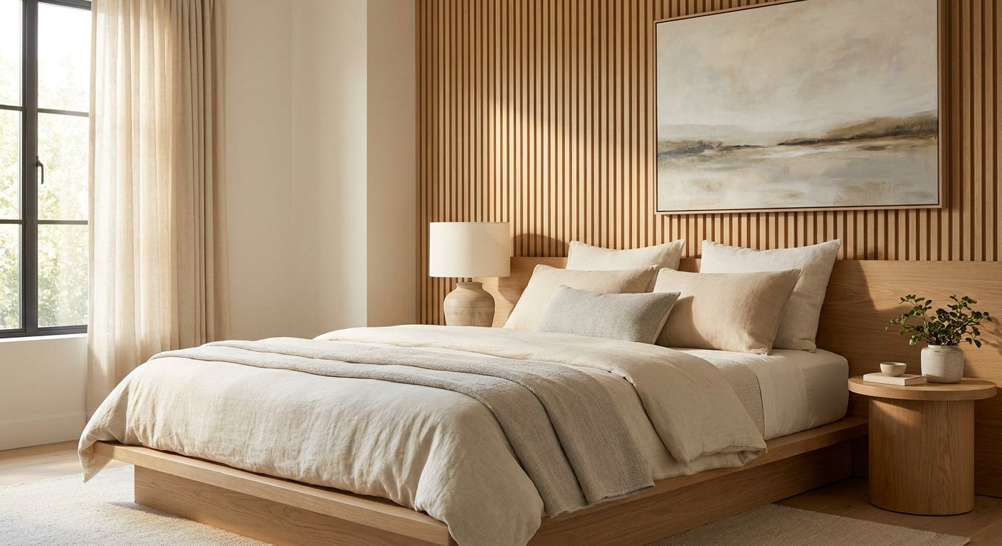 White oak slat panels for bedroom feature walls