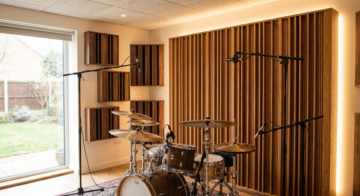 Acoustic wood panels for sound treatment in drum rooms