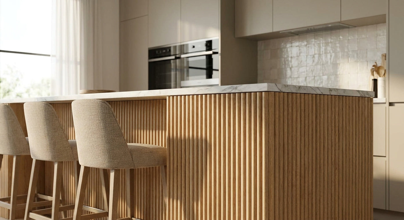 Fluted wall panels for kitchen island feature walls